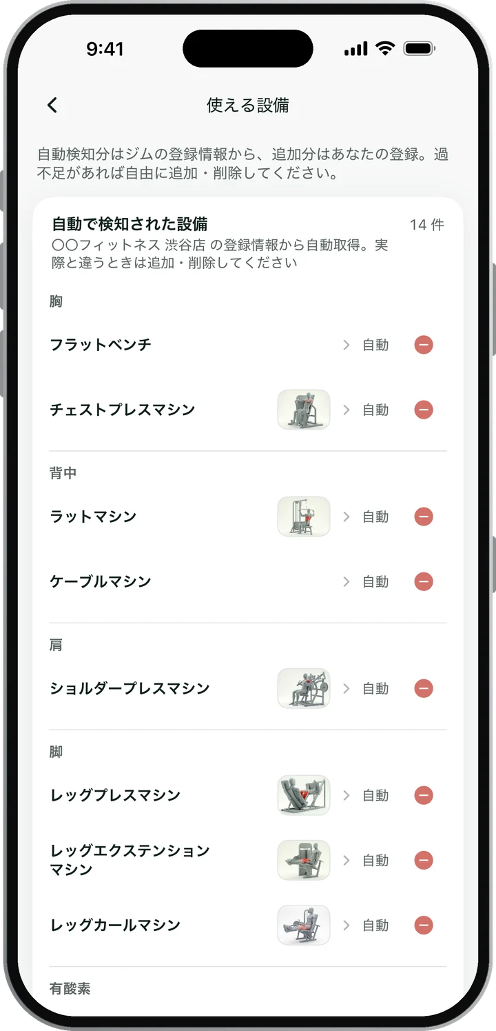 使える設備の画面。通うジムの登録情報から、胸・背中・肩・脚の設備が自動で入っている